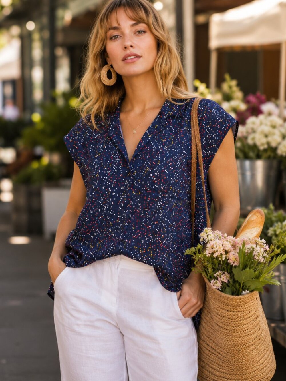 Anthropologie Maeve Confetti Print Blouse | Navy | Medium | Rayon